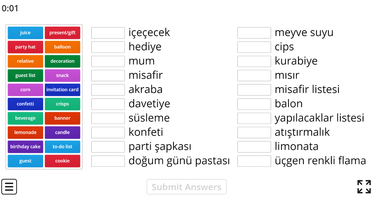 7.6 Party Needs (Match) (7.Sınıf İngilizce Celebrations)