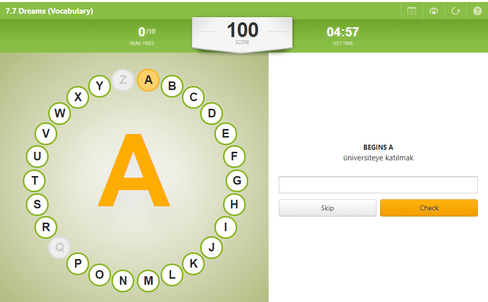 7.7 Dreams Vocabulary (ABC Game) (7.Sınıf İngilizce Dreams)