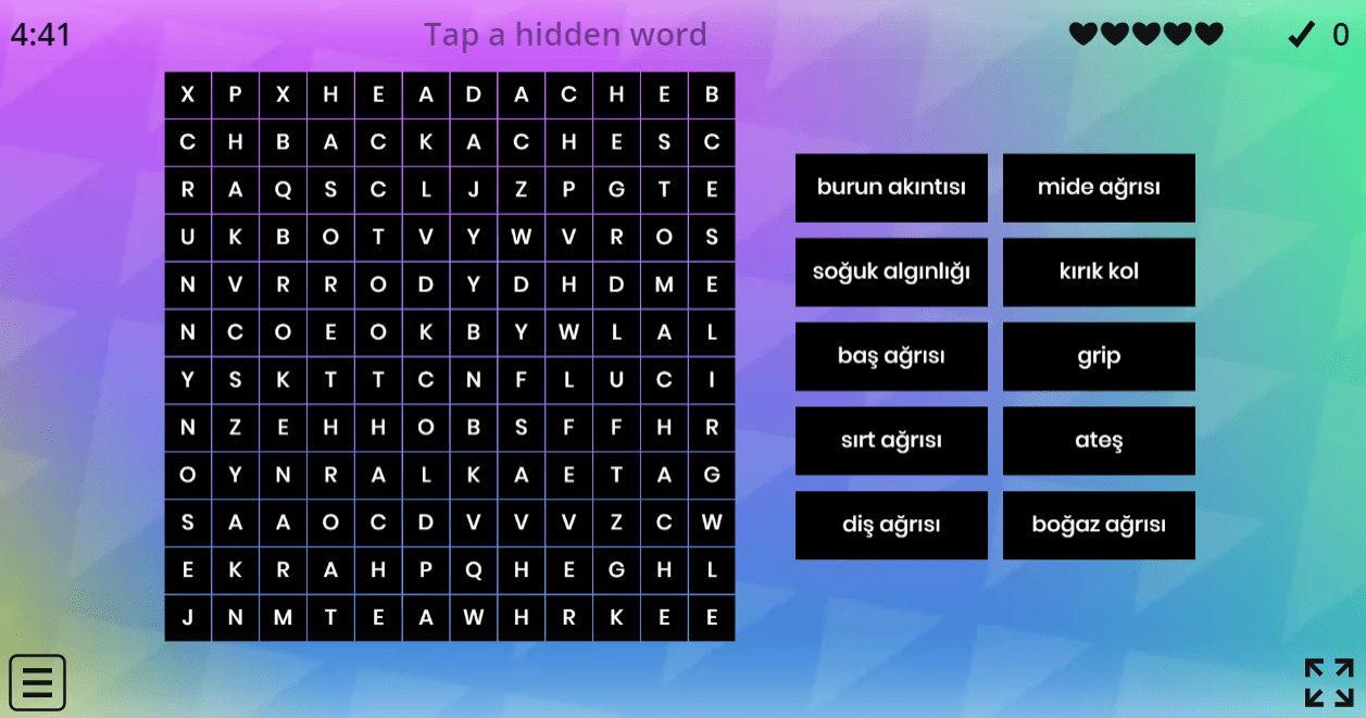 5.5 Illnesses (Wordsearch) (5.Sınıf İngilizce Oyun)
