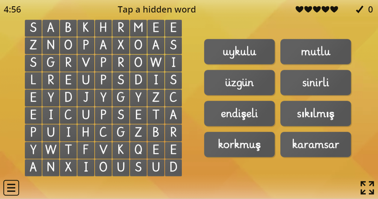 6.4 Emotions (Wordsearch) (6. Sınıf İngilize Oyun)
